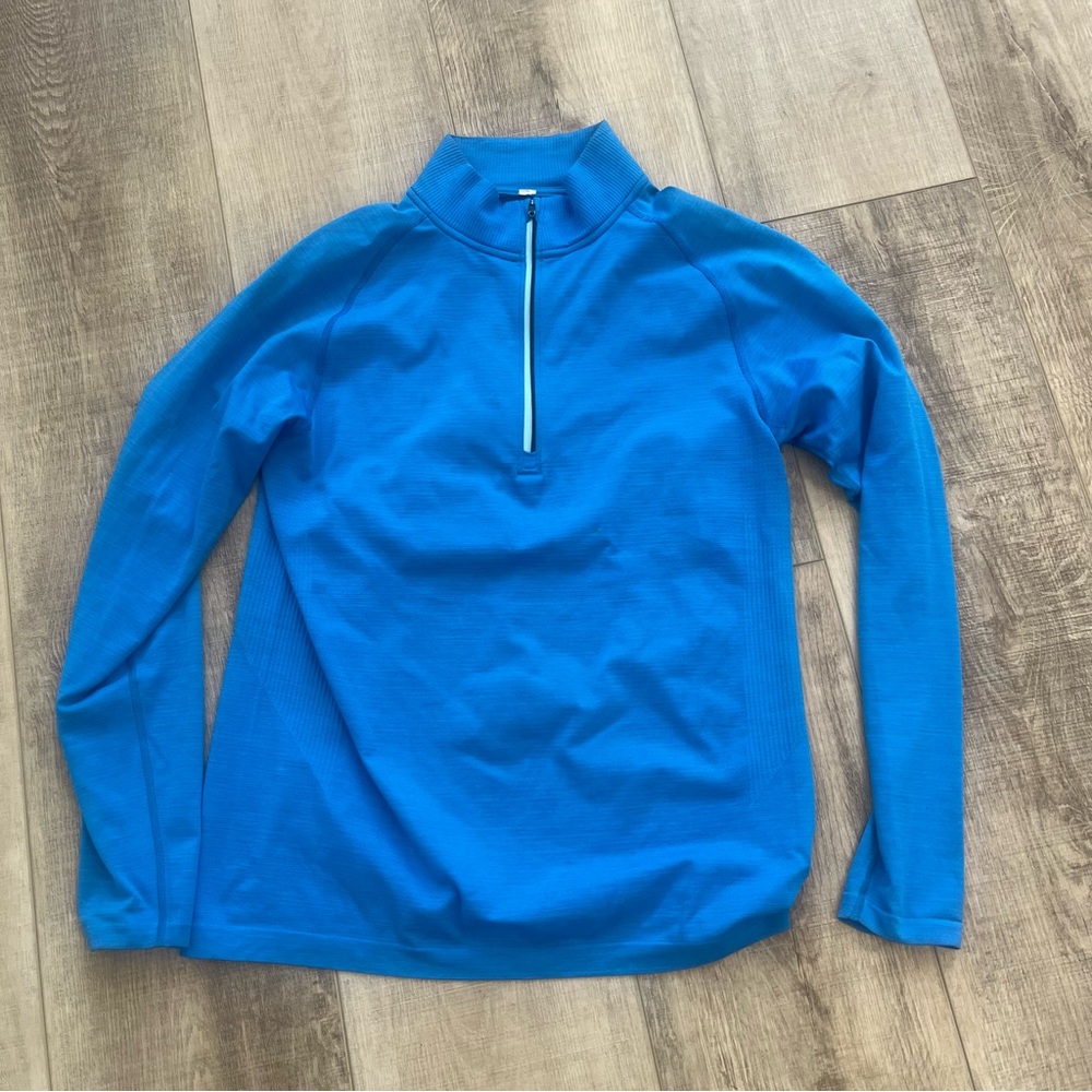 Lululemon 1/2 zip Vent Tech Men Sz M Do It For The Bacon Man Cobalt Blue Workout